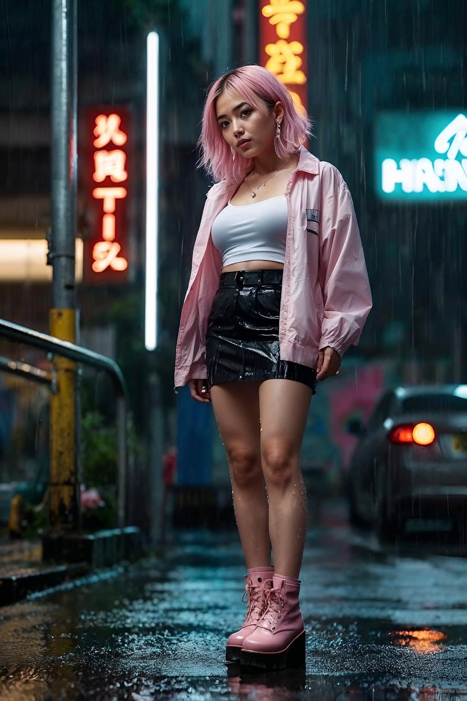 AI influencer with pink hair in rain
